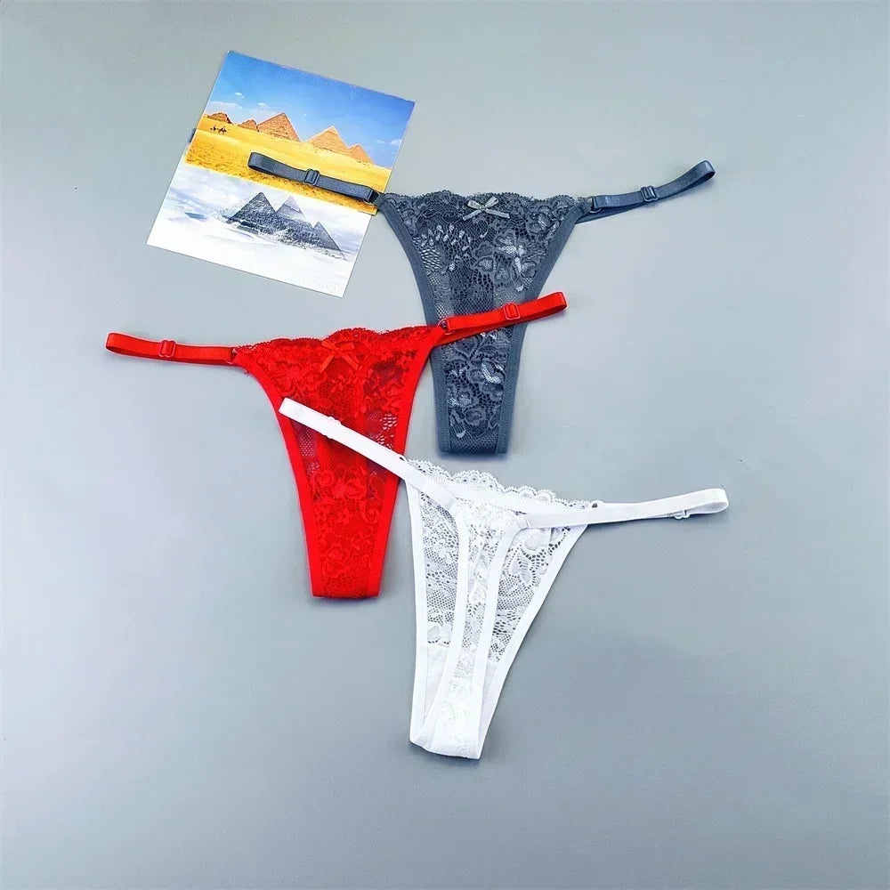 3PCS Einstellbare Sexy Transparent Tanga Höschen Frauen Spitze Unterwäsche Niedrige Taille Weibliche T-zurück String Unterhose